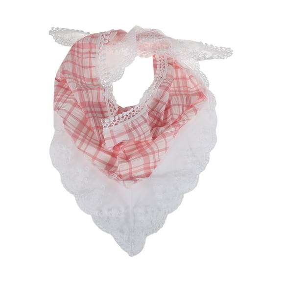 Unique Bargains 1 Pc French Lace Triangle Bandana Plaid Turban Crochet Hair Scarf for Women Pink White