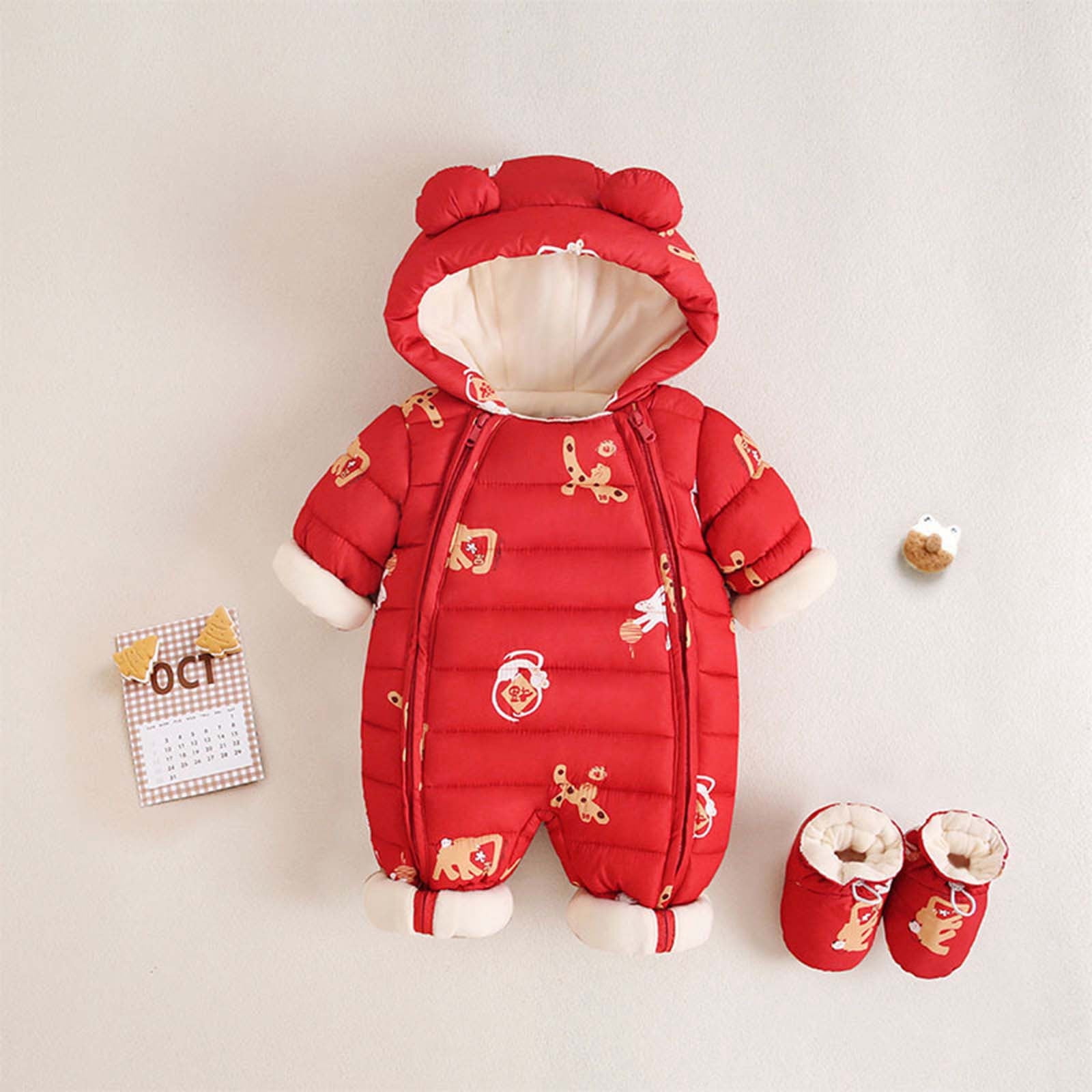 VNKIDY Boys Bodysuits Fall Winter Baby Space Cartoon Prints Thermal Onesie Long Sleeve Hooded Romper For Daily Wear Warm Styling Classic Onesie