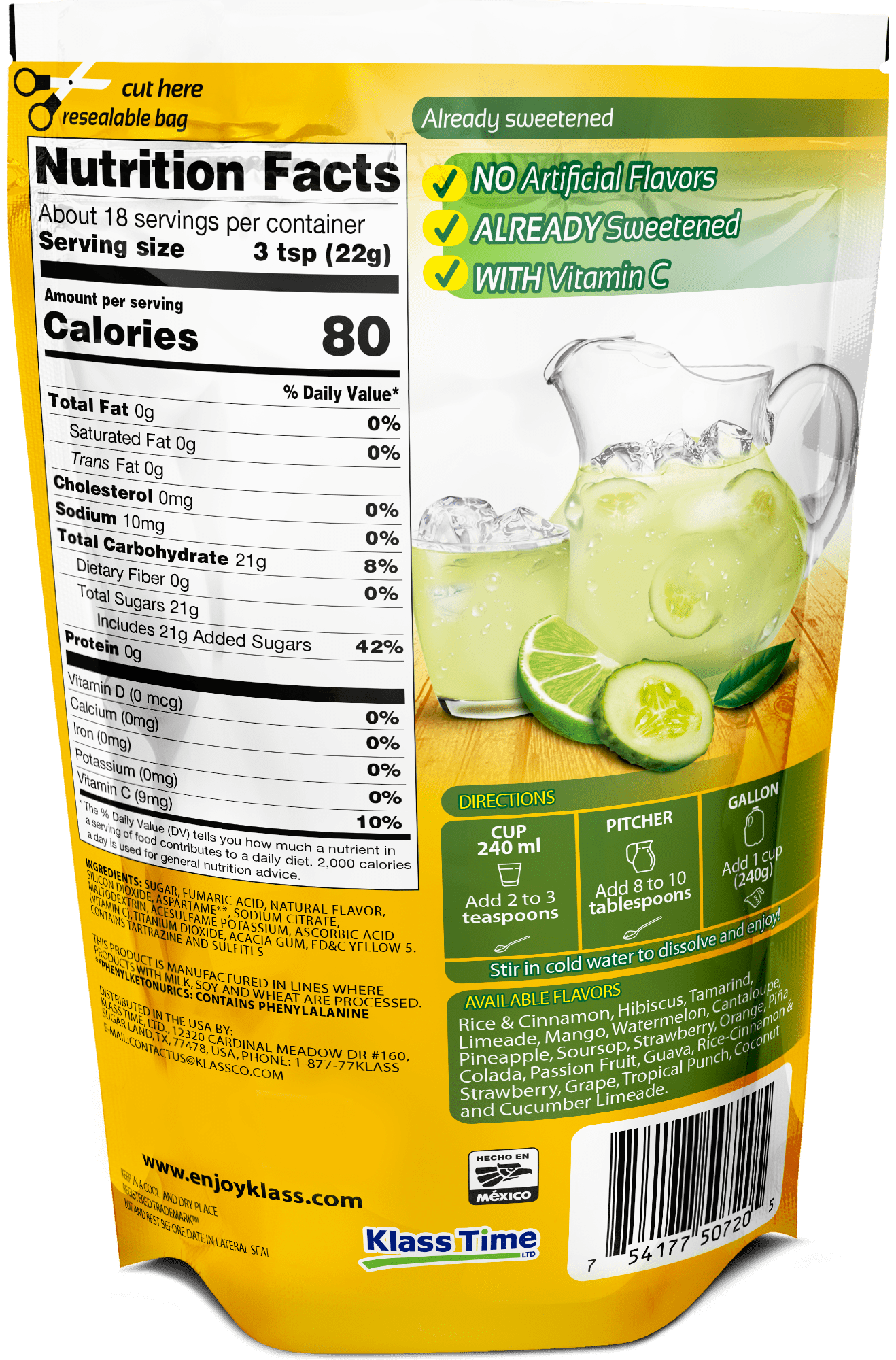 Klass Aguas Frescas Cucumber Limeade, with Vitamin C, Multiserve, Powdered Drink Mix, 14.1oz