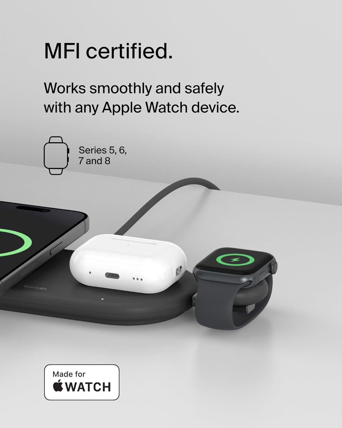 Belkin Portable USB-C Apple Watch Charger - MFi-Certified USB-C Charger for Apple Watch Series 9, Series 8, Series 7, Ultra, & More - Type C Charger Compatible w/MacBook, iPhone 16, & More - Black