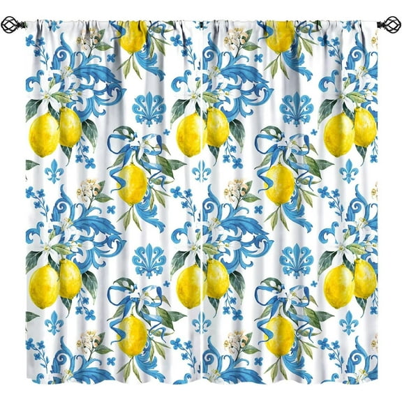 Watercolor Lemon Kitchen Curtains, Rustic Vintage Blue Tile Flower Botanical Plants Farmhouse Fresh Fruits Blackout Window Drapes for Cafe Living Room Bedroom, 84" W X 84" L