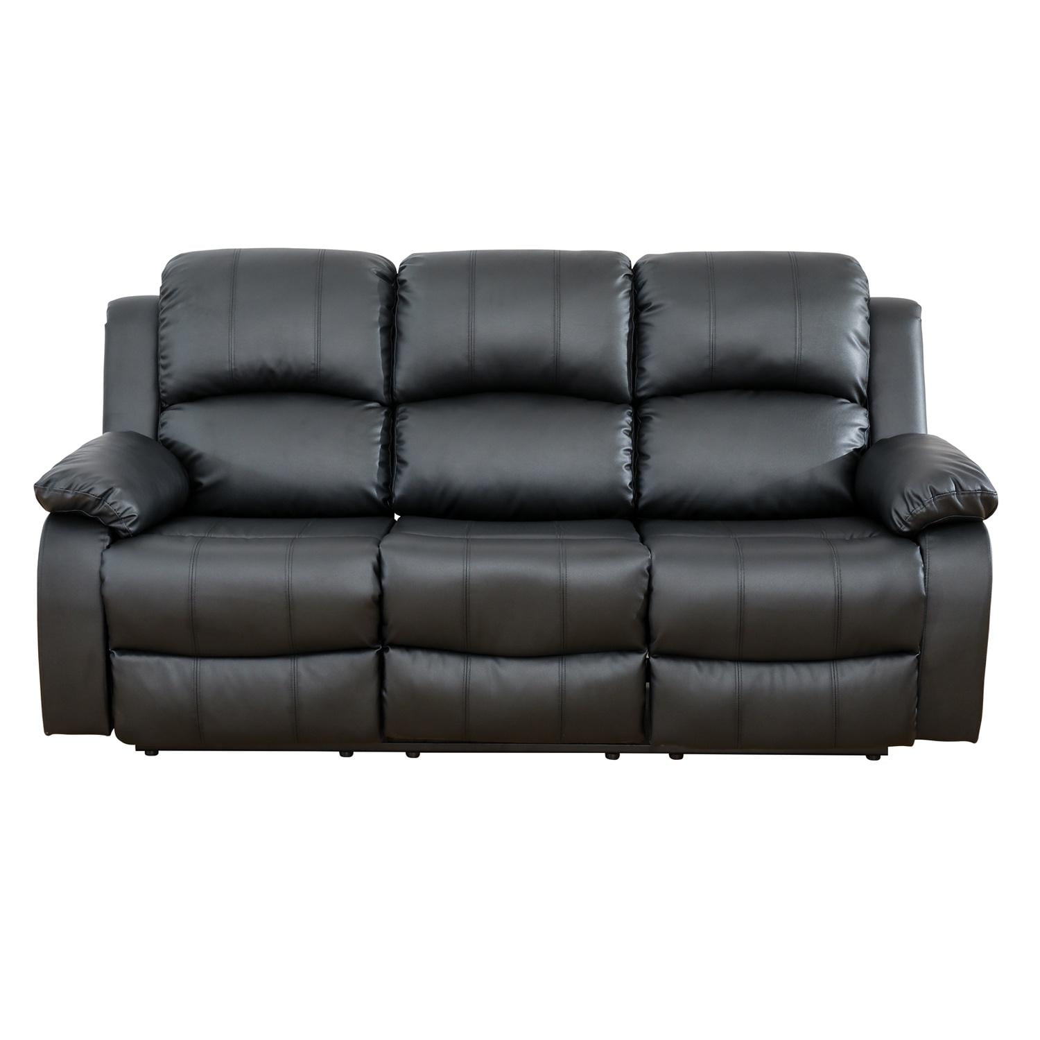 Gewnee Faux Leather Upholstered Manual Reclining Sofa with 3 Recliners and Cup Holders,Black