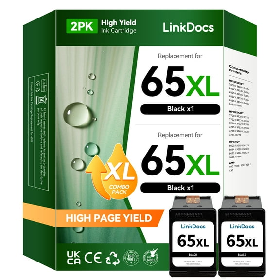 65xl Ink Cartridge for Compatible for HP 65 Printer Ink for DeskJet 3755 2655 3720 3722 3723 3752 3758 2652 2624 for HP Envy 5055 5000 5070 5052 HP Printer(2 Black)