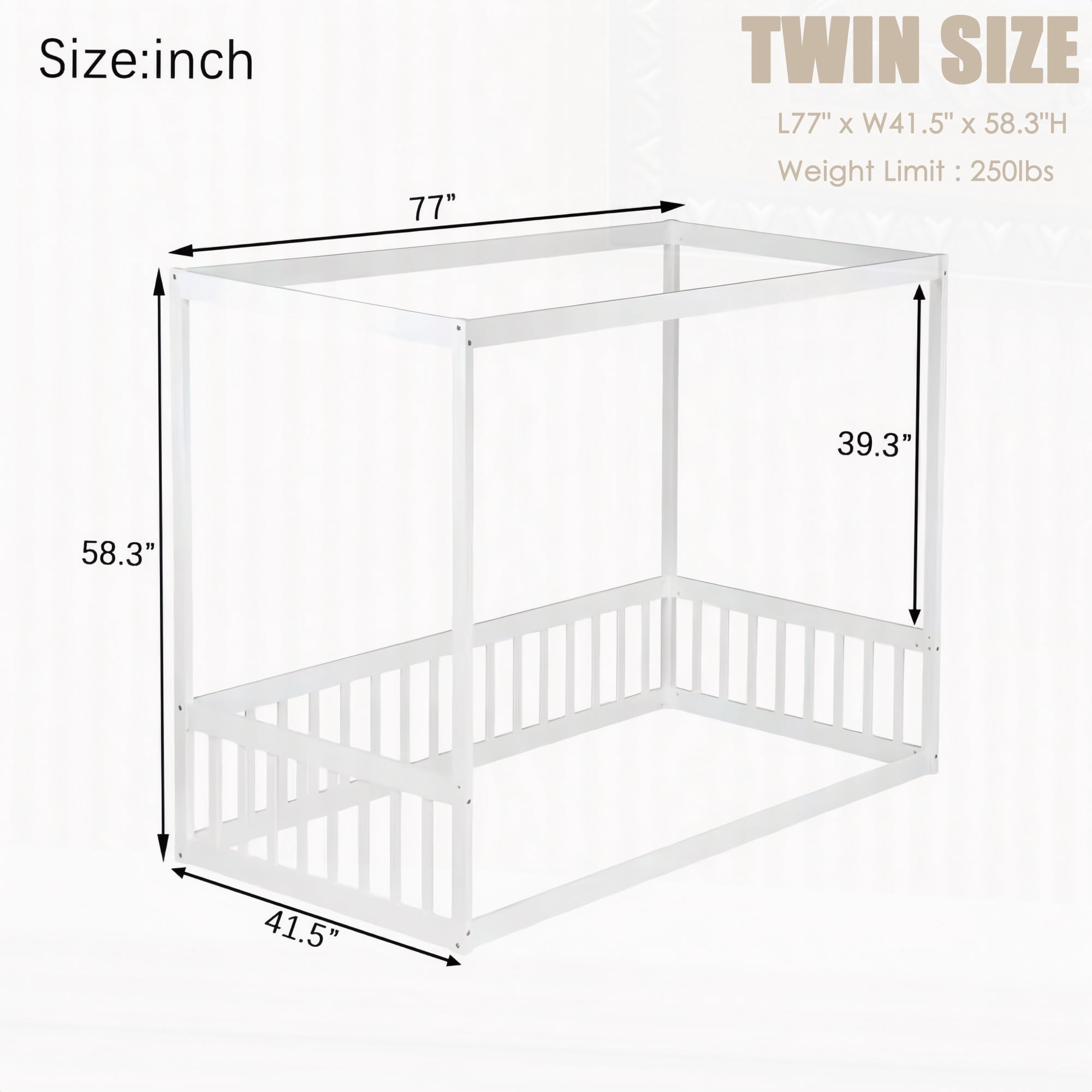 Alvantor Twin Size Floor Bed with Canopy Fence Guardrails for Kids Children Toddler Girls Boys, White