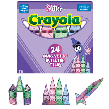 CreateOn Crayola Glitter Magnetic Tiles, Building Set for Kids, Magnetic Tiles, Magnetic Building Toys for Kids, STEM Toys for Boys and Girls Ages 3 and Up, 24-Piece Set (Glitter)