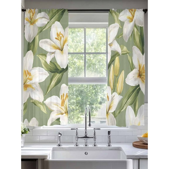 Verdant Flower Patterns Sheer Curtains for Living Room Bedroom Green White Spring Floral Sheer Curtains 63 Inch Long 2 Panels Set Light Filtering Curtain Window Treatments Drapes for Dining Room