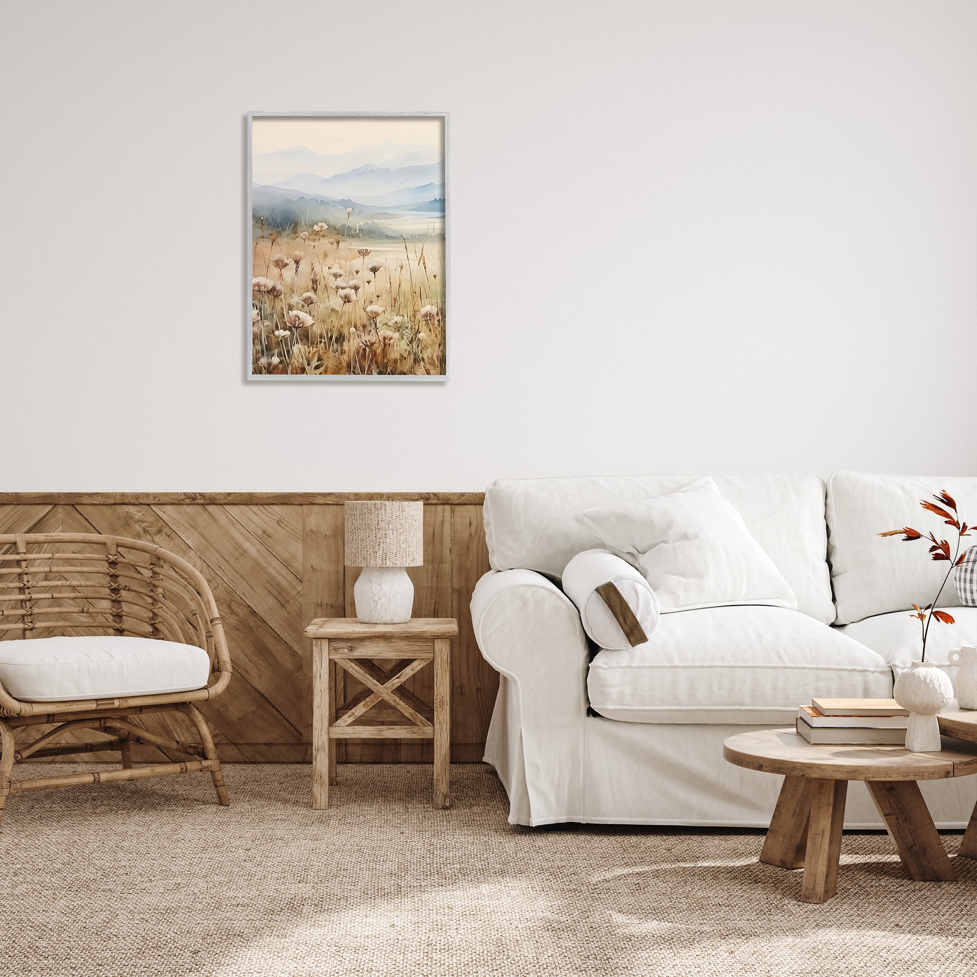 Stupell Industries Meadow with Foggy Mountains Landscape Painting Gray Framed Art Print Wall Art, 24 x 30