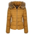 thumbnail image 3 of BodiLover, Women's, Winter Quilted Puffer Short Coat Jacket with Removable Faux Fur Hood and Zipper, Mustard, M, 3 of 4