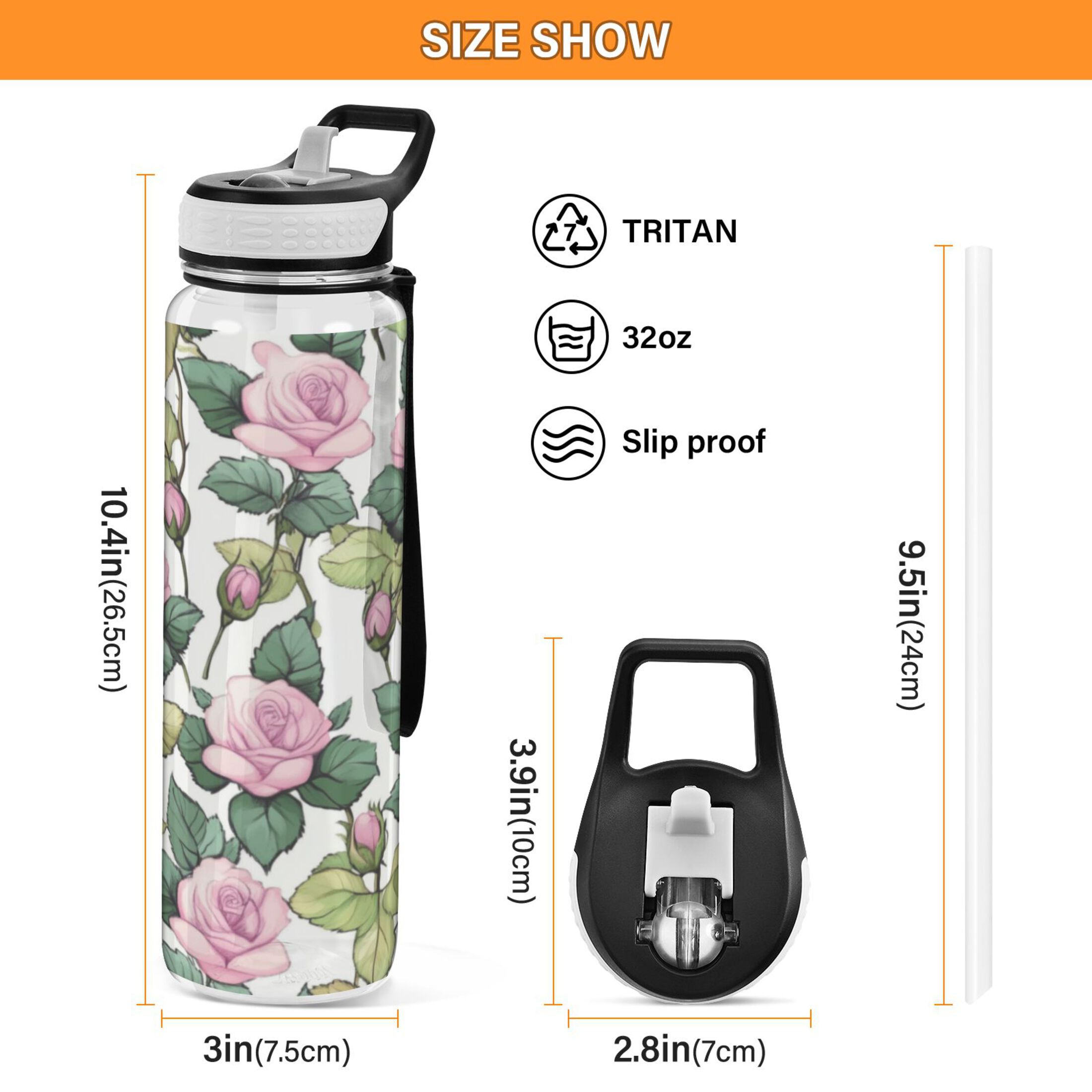 Qxltty Pink Roses Water Bottle 32 oz with Straw BPA Free Reusable Fitness Sport Bottle Perfect for Travel School Outdoors and Gym
