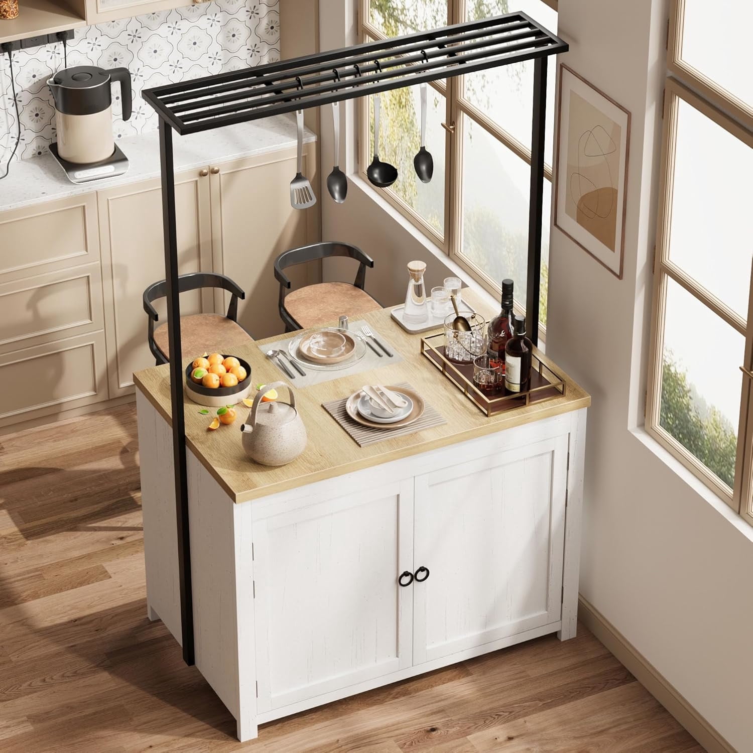 AOILE 42" Kitchen Island with Storage, Heavy-Duty Cart with 30mm Thick Countertop, Shelves & Hooks