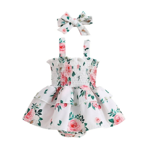 Wassery Baby Girls Romper Clothes Floral Print Sleeveless Sling Tutu Jumpsuit Headband 2Pcs 6M 12M 18M 24M Infant Girls Summer Birthday Party Dress Set 9M-4T