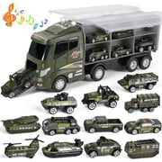 Fun Little Toys 12 in 1 Die-cast Army Toy Truck with Mini Military Vehicles, Army Toy Cars in Carrier Truck with Lights and Sounds, Military Toys for Kids Birthday Xmas Gifts
