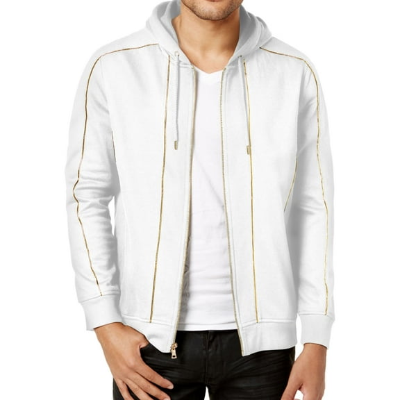 I.N.C Mens Gold Piping Hoodie Sweatshirt, White, Small