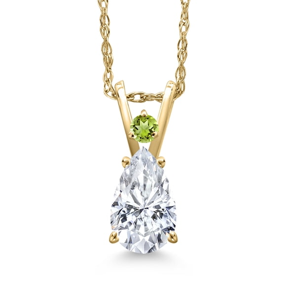 Gem Stone King 14K Yellow Gold White Moissanite and Green Peridot Pendant Necklace for Women | 1.03 Cttw | Gemstone Birthstone | Pear Shape 8X5MM | With 18 inch Chain