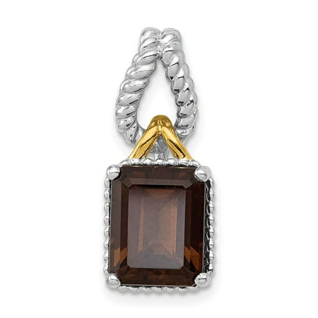 Sq Accent Plate - Solid 925 Sterling Silver Rhodium Plated w Flash Gold-plate Accent Smoky Quartz Pendant (Length:22mm|Width:9mm)