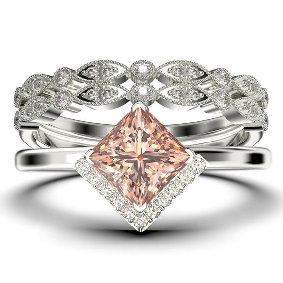 Boho & hippie 2.50 Carat Princess Cut Morganite And Diamond Moissanite Dainty Engagement Ring, Classic Wedding Ring, Two Matching Band in 925 Sterling Silver With 18k White Gold Plating, Gift For Her