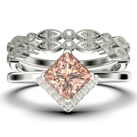 Boho & hippie 2.50 Carat Princess Cut Morganite And Diamond Moissanite Dainty Engagement Ring, Classic Wedding Ring, Two Matching Band in 10k Solid White Gold, Gift For Her, Promise Ring, Trio Set