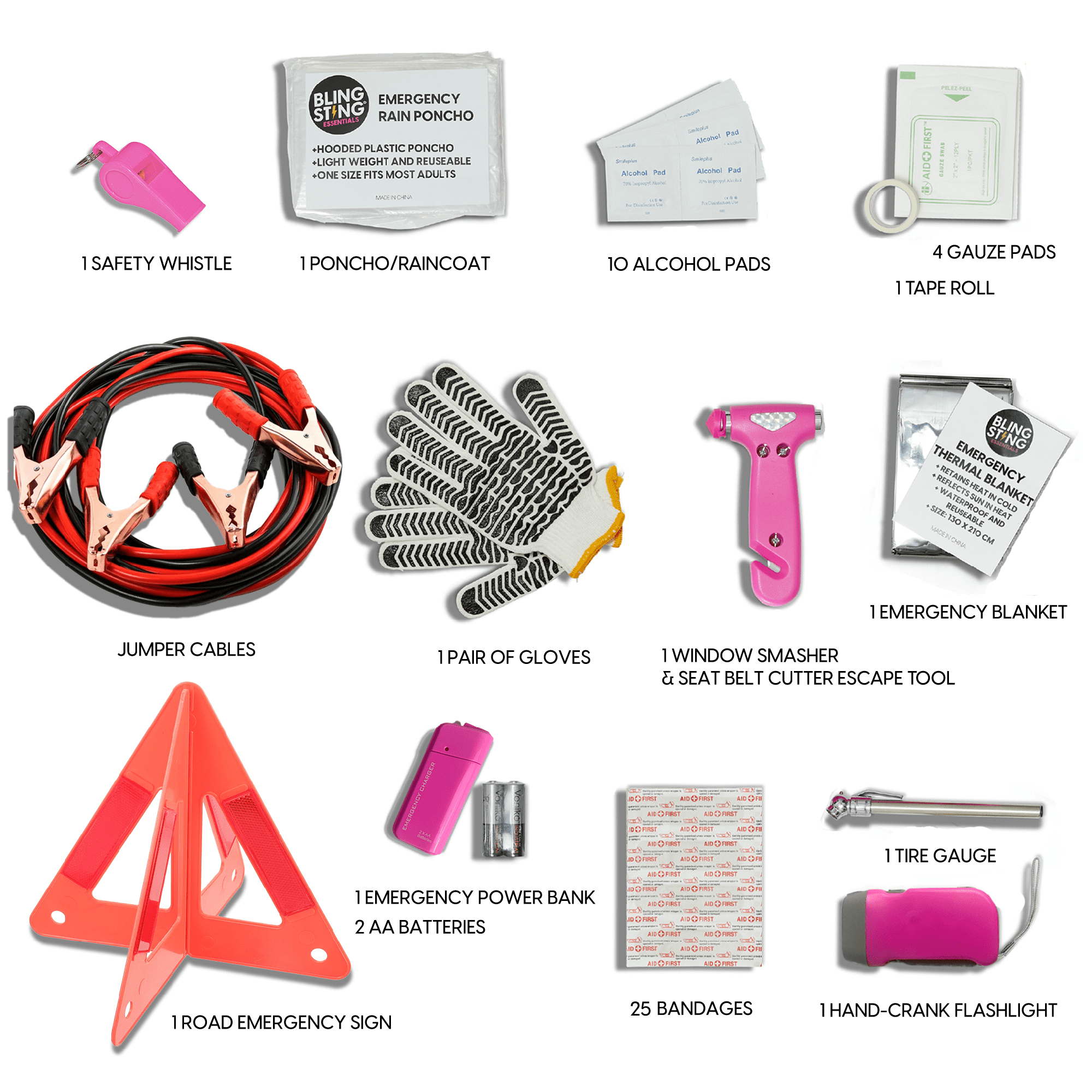 BLINGSTING Supercharged Car Emergency Kit - Pink