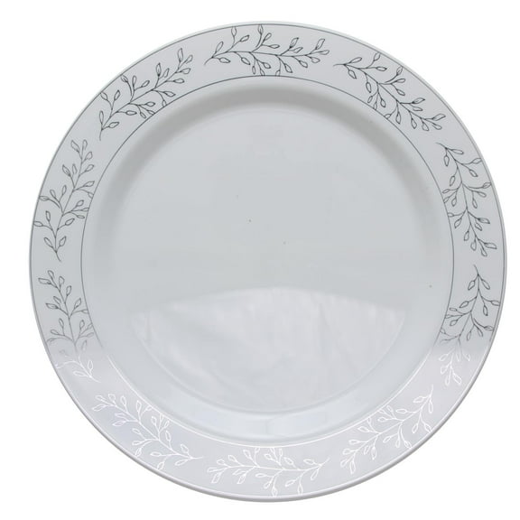 9 inch.  Elegant Silver Leaf Design, Premium Disposable Plastic Wedding Diner Plates - 10 ct.
