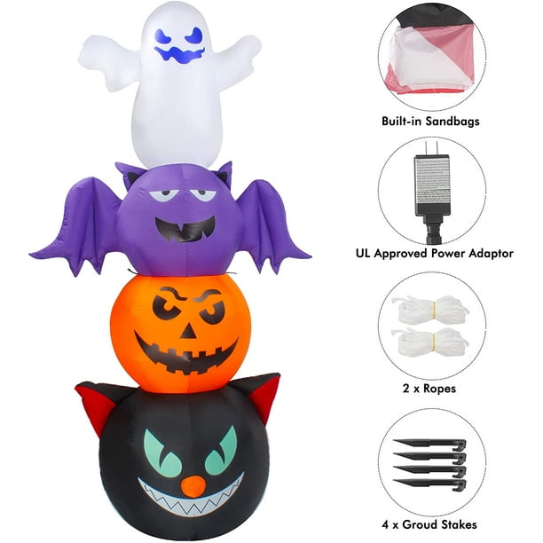 Iguohao 6ft Halloween Inflatable Ghost With Pumpkin Bat Cat, Halloween Blow Up Decorations With Built-In Leds For Halloween Outdoor Graden Lawn Party