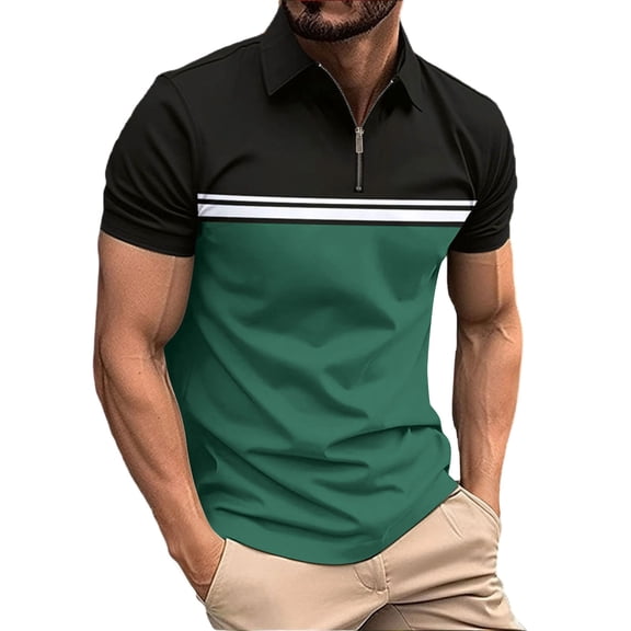 YODETEY Men’s Color Block Zip Short Sleeve Polos Shirt,Mens Collar Casual Shirts,Big and Tall Army Green,Size S-3XL