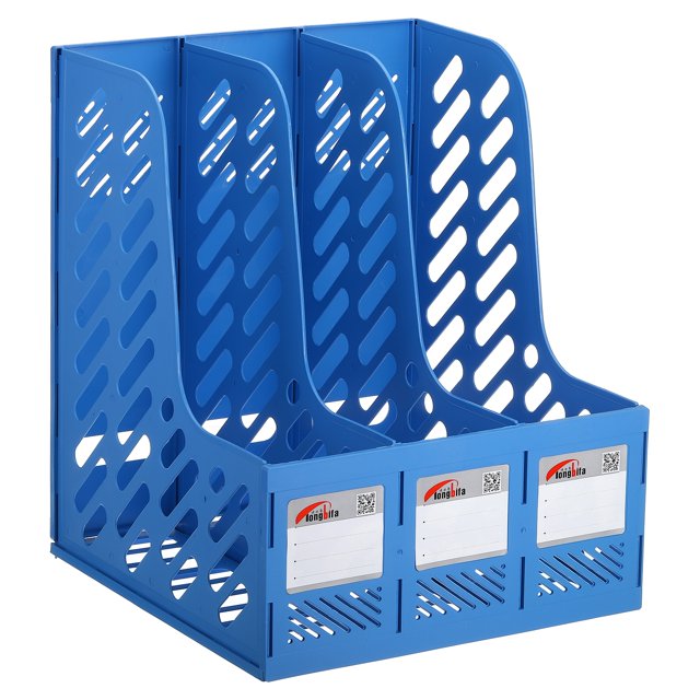 Unique Bargains Magazine File Holder, PP Plastic Vertical 3 Compartment Desktop Book Newspaper Notebook Storage Rack, Blue