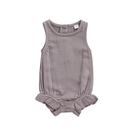 

Chollius Newborn Infant Baby Girl Boy Sleeveless Romper Crew Neck Solid Color Ruffle Buttoned Crotch Bodysuit Summer Clothes