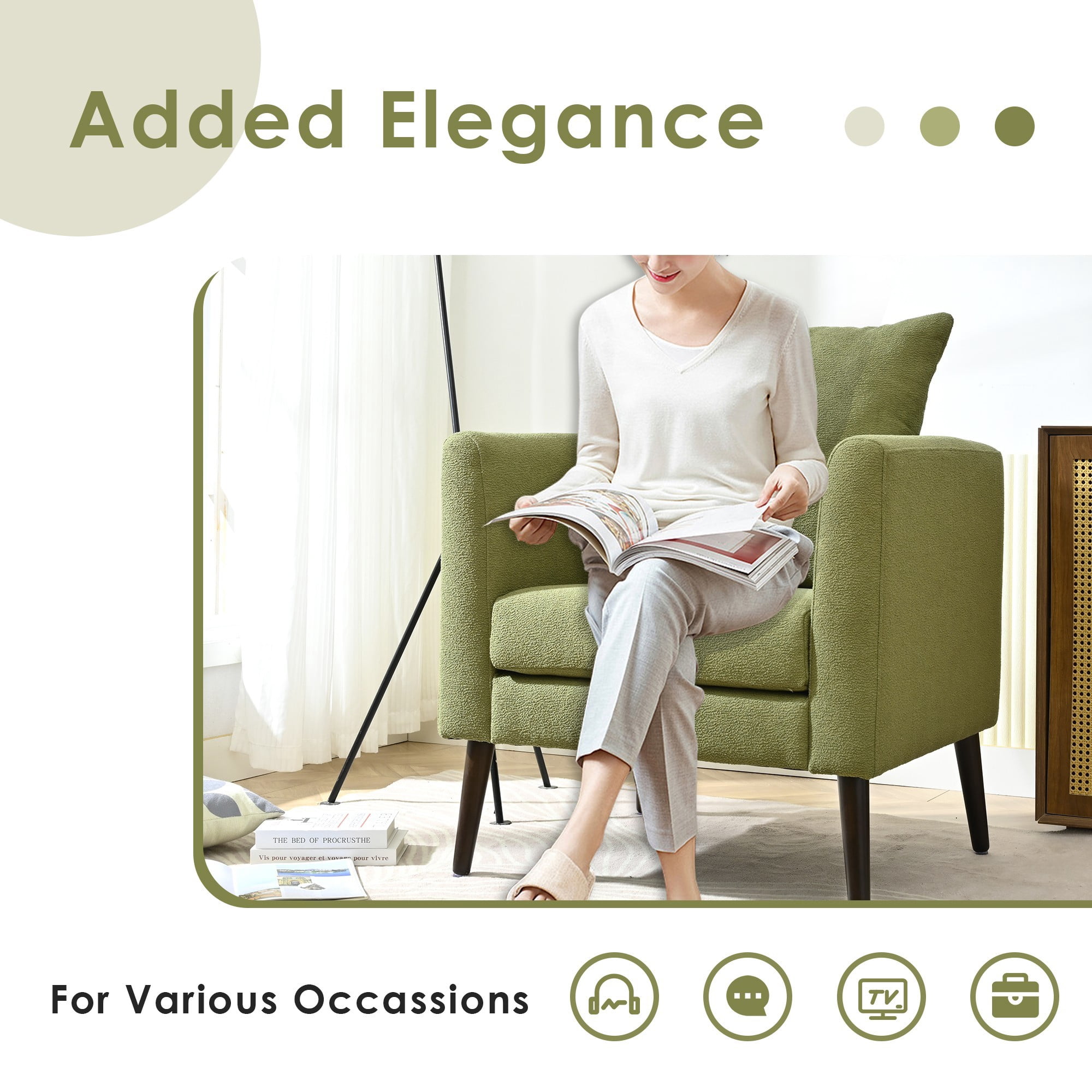 Accent Chair,Fabric Armchair Club Chair Single Chair Upholstered Arm Chair with Solid Wood Legs for Living Room/Bedroom,Olive Green