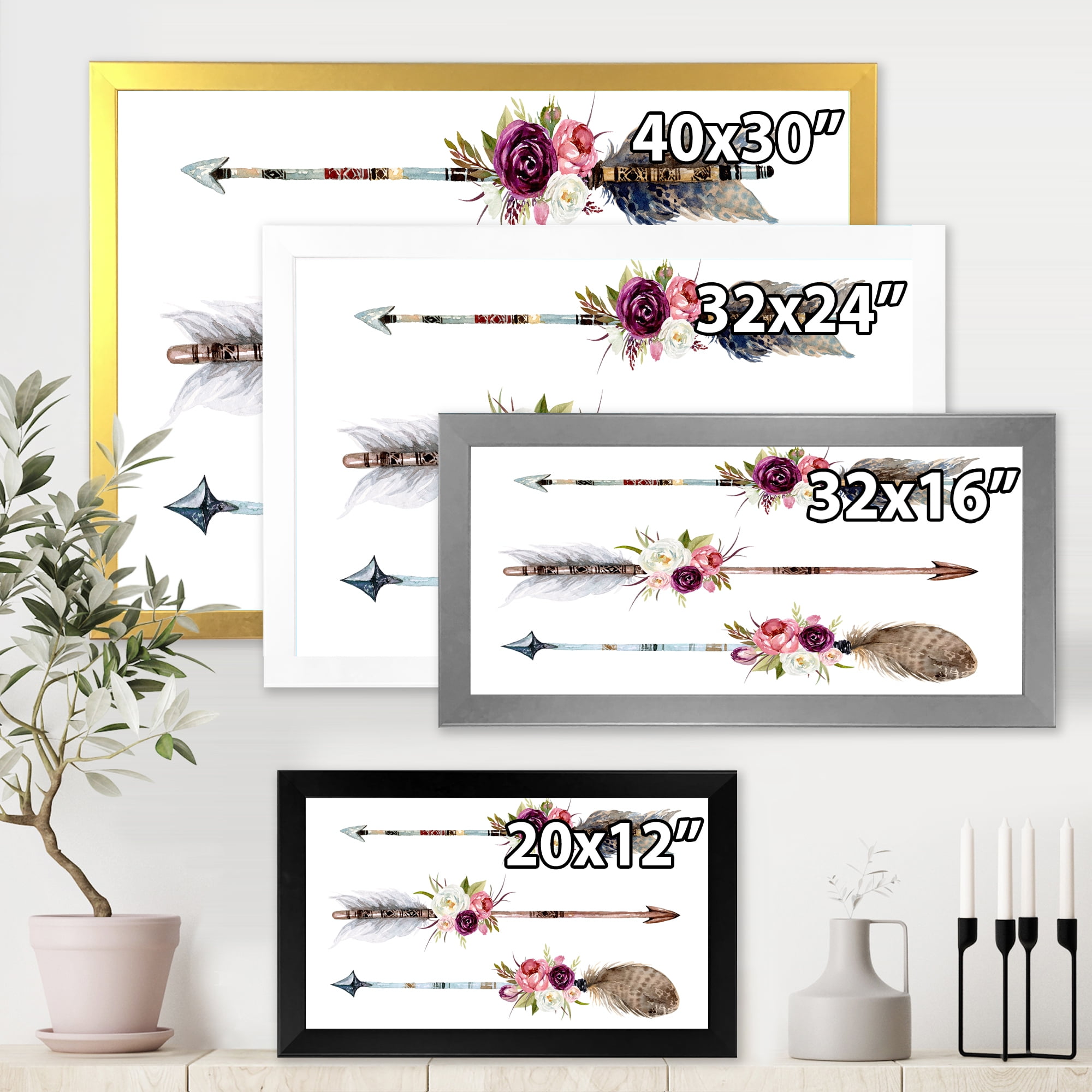 Designart 'Flowers and Ethnic Feathers On Native Arrows III' Bohemian & Eclectic Framed Art Print
