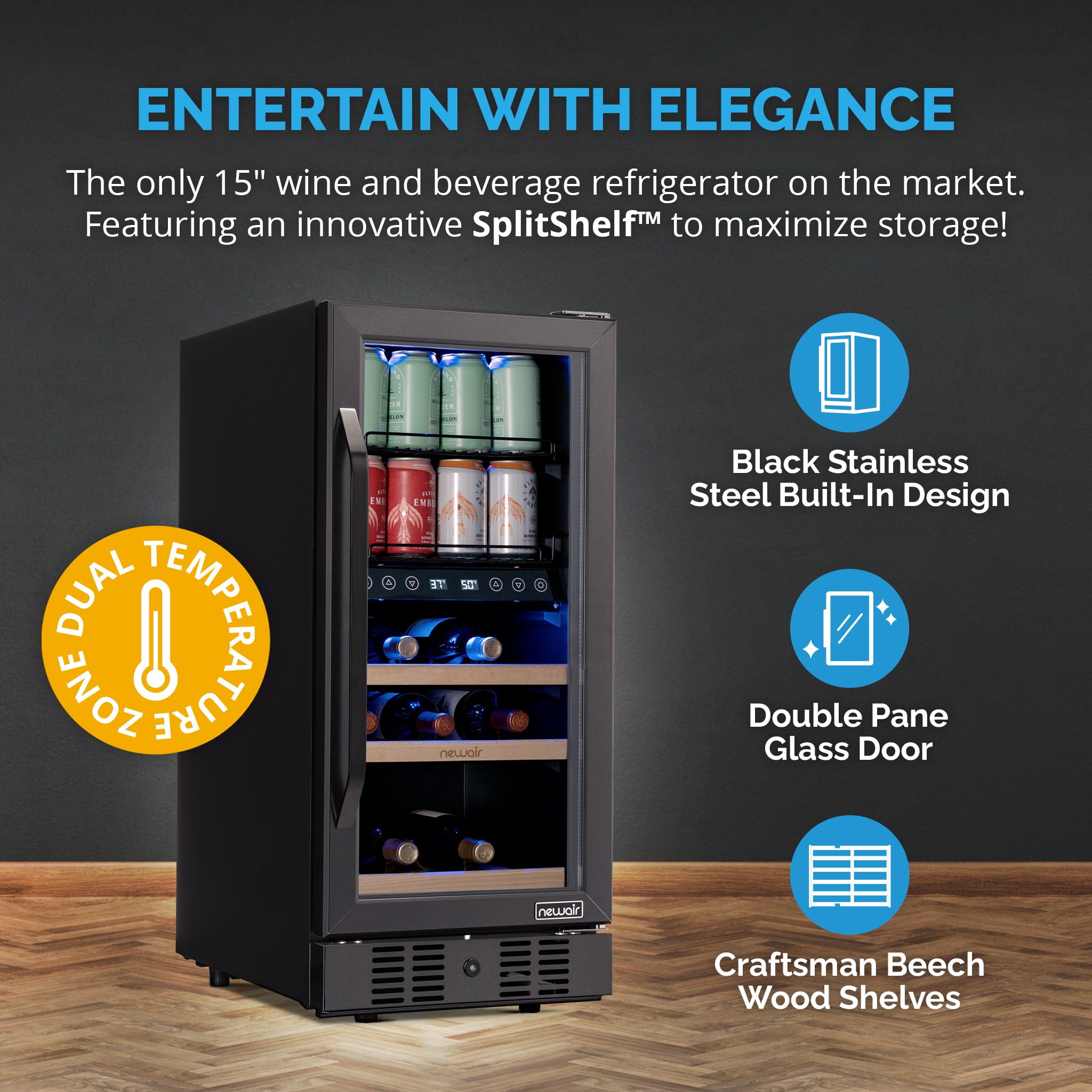 Newair 15 Inch Wine and Beverage Refrigerator - 13 Bottles & 48 Cans Capacity with Dual Temperature Zone Wine Cooler, Black Stainless Steel & Double-Layer Tempered Glass Door
