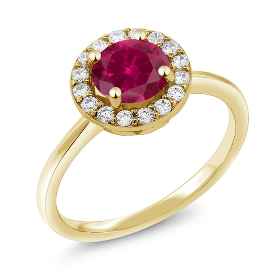 Gem Stone King 18K Yellow Gold Plated Silver Red Created Ruby and White Moissanite Halo Engagement Ring for Women (1.68 Cttw, Gemstone July Birthstone, Round 7MM, Size 7)
