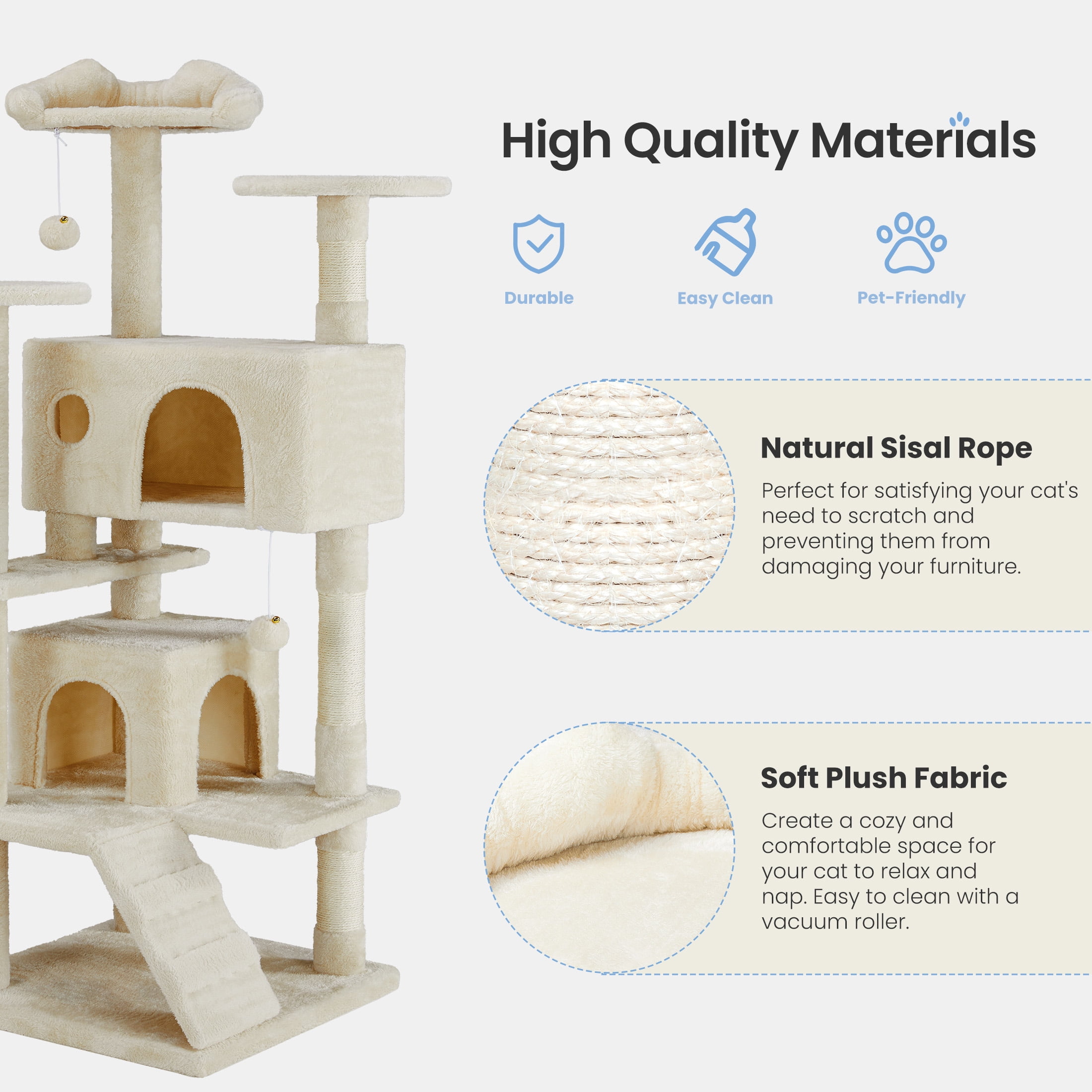MCQ 54" Compact 4-Tier Cat Tower with Sisal Posts & Wide Top Platform – Space-Saving Tree for Indoor Cats, Cat Condo, Cat Condo, Beige
