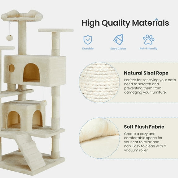 LIFERECORD 54-inch Multi-Level Cat Tree Tower, Sisal Scratching Post, Spacious Perch, Cozy Condo, Beige