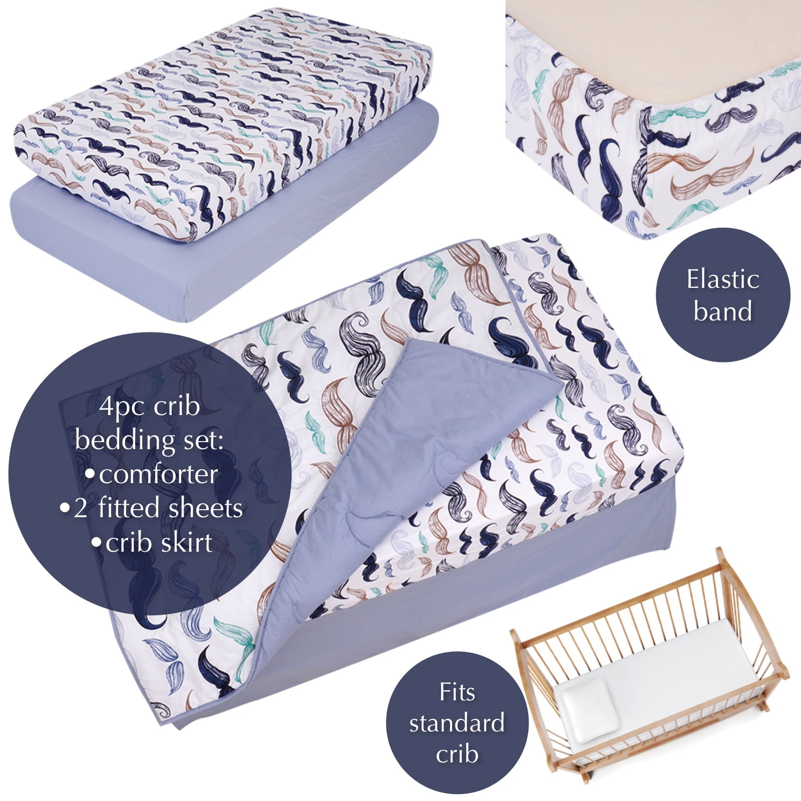 Boho Little Man Mustache, Premium, 100% Organic Cotton 4-piece Baby Boy Nursery Bedding Crib set | Baby Comforter | 2 X Fitted Crib Sheets | Crib Skirt (White, Teal, Black, Brown, Blue)