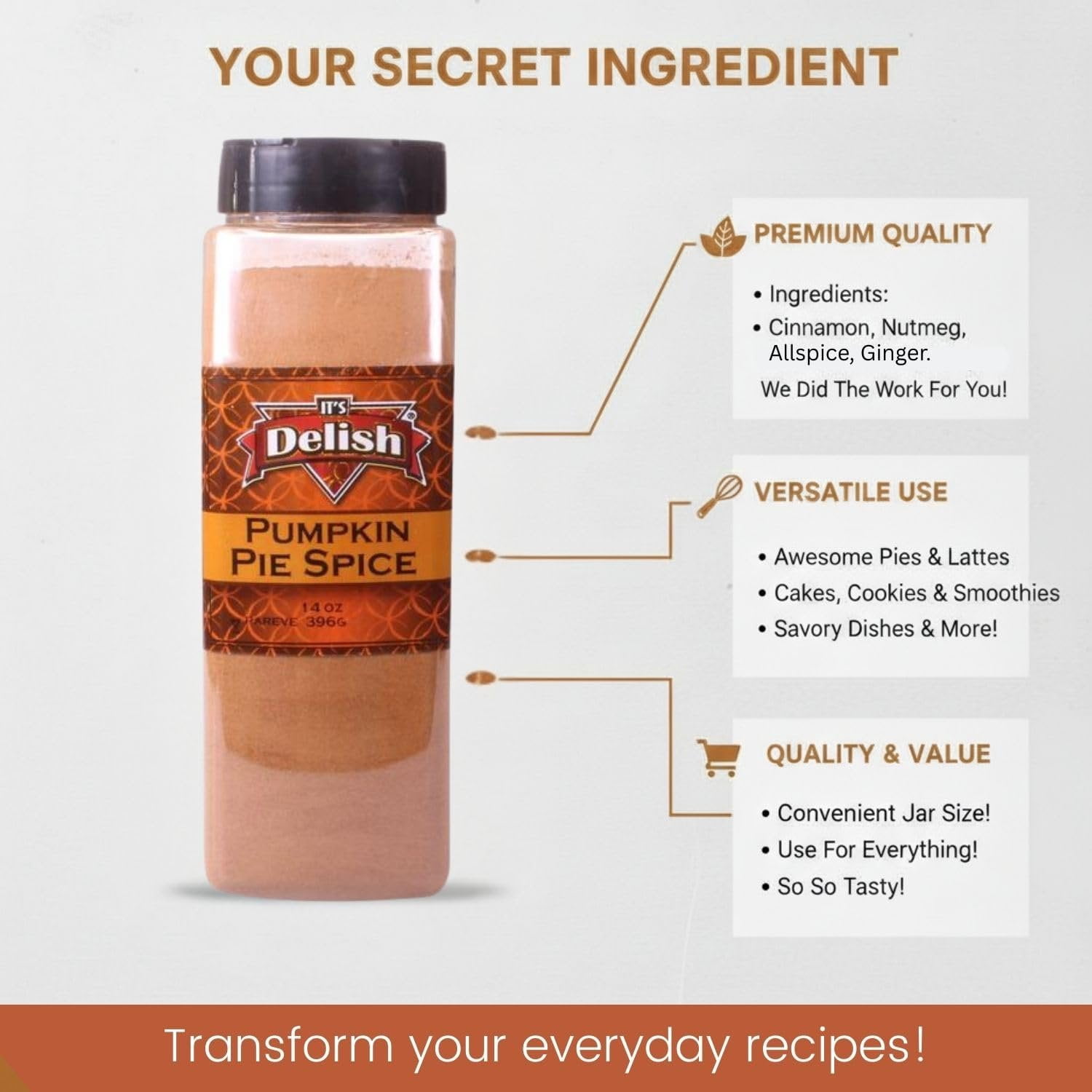 Gourmet Pumpkin Pie Spice Powder by It's Delish, 14 Oz Large Jar  Awesome Pumkin and Apple Pies Seasoning  Coffee Latte Tea Holiday Baking  Blend of Cinnamon, Nutmeg, Allspice, Ginger  Kosher