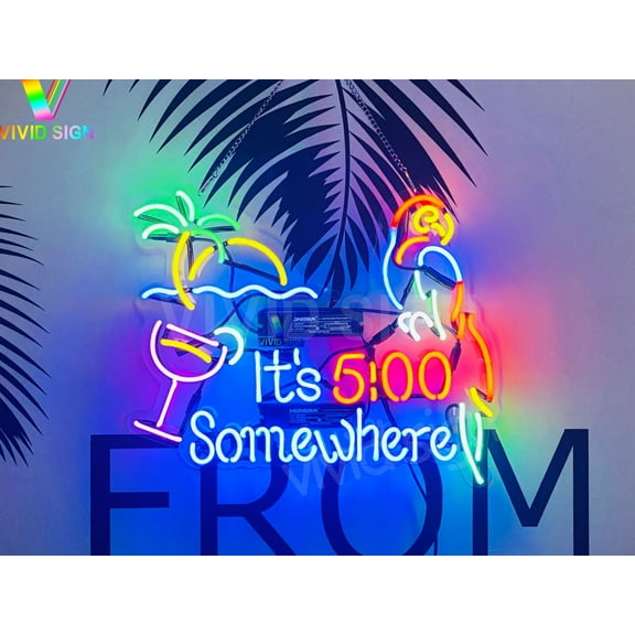 Queen Sense 20" It's 5:00 Somewhere Palm Tree Parrot Neon Sign Acrylic Man Cave Handmade Neon Light 120I5SWICPA2