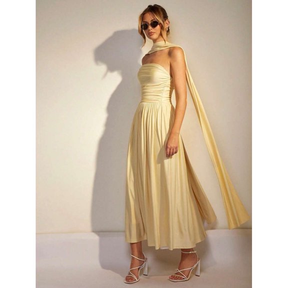 Light Yellow Womens Strapless Ruched Maxi Dress With Flowing Cape Detail