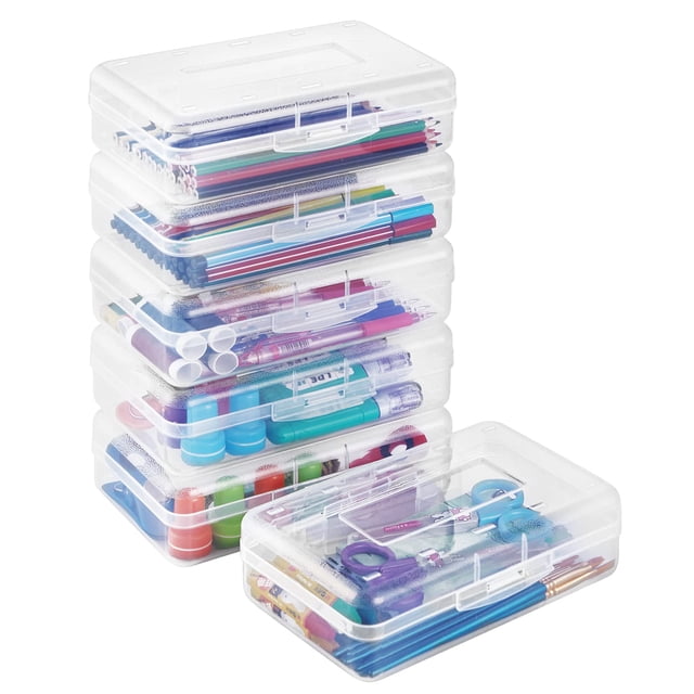 6 Pack Clear Pencil Box, Plastic Large Capacity Pencil Boxes Plastic Boxes with Snap-tight Lid, Office Supplies Storage Organizer Box, Stackable Design and Stylish,Clear