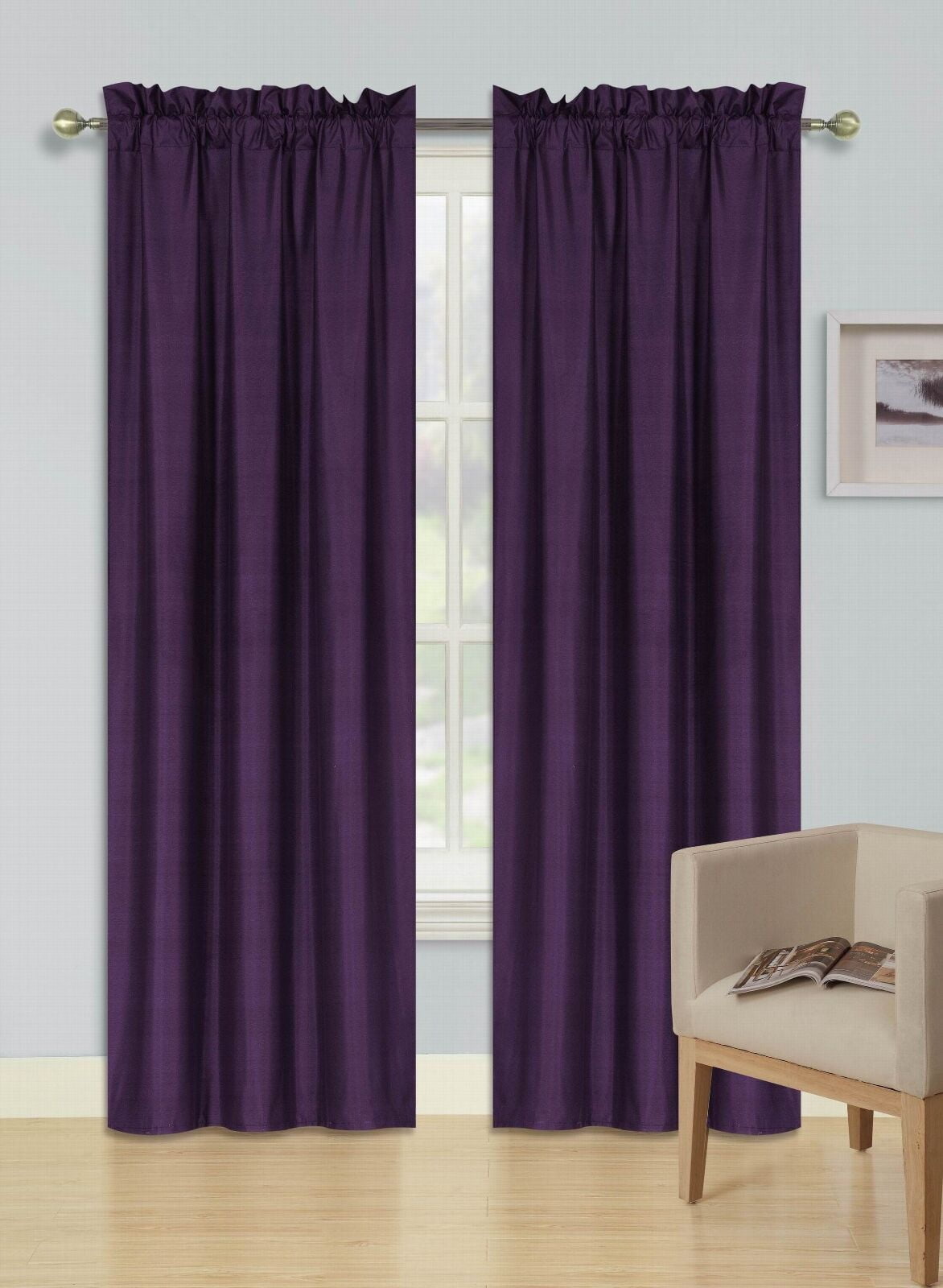 Window treatment R64 2 piece set purple solid color foam backing lined thermal blackout window curtain drape with rod pocket 84' long