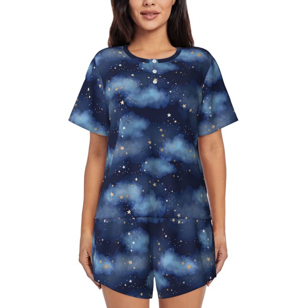 Balery Starry Sky Conjunto de Pijama para Mujer con Estampado, Dos Piezas de Manga Corta y Shorts, Ropa de Dormir Suave con Cuello Redondo y Bolsillos-XX-Large