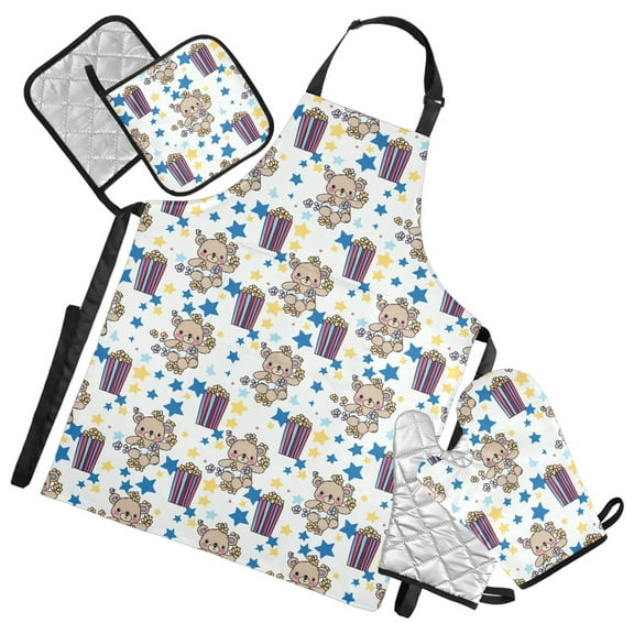 5 Pcs Kitchen Set Heat Resistant Oven Mitts and Non-Slip Pot Holders with Adjustable Cooking Apron Teddy Bear Popcorn Star