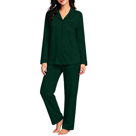 TEAJOPSUU Women's 2 Piece Pajama Sets Cute Comfy Notched Collar Button Down Long Sleeve Sleepwear Sets with Pants Loungewear Outfit Sets Green