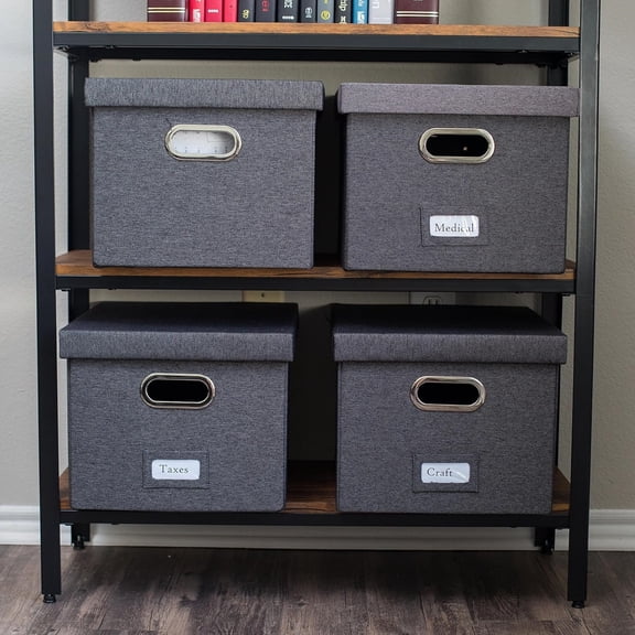 Collapsible File Storage Organizer with Lid - Decorative Linen Filing & Storage Office Box – Hanging Letter/Legal Folder – Home Office Bins Cabinet – Charcoal Container - 6 Pack