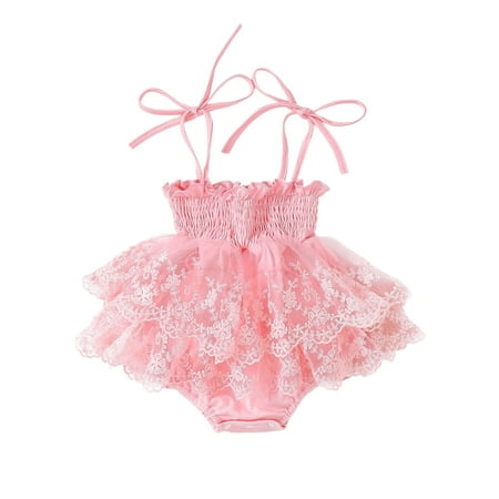 

FEORJGP Infant Baby Girl Summer Romper Toddler Sleeveless Shirred Layered Hem Jumpsuit Dress Elastic Leg Lace Flower Embroidery Tie Up Bodysuit Dress Newborn Slip Tulle Romper Dress for Daily Party