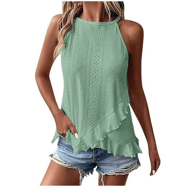 Timegard Womens Eyelet Tank Tops Ruffle Petal Bottom Sleeveless Tops Summer Beach Loose Comfy Casual