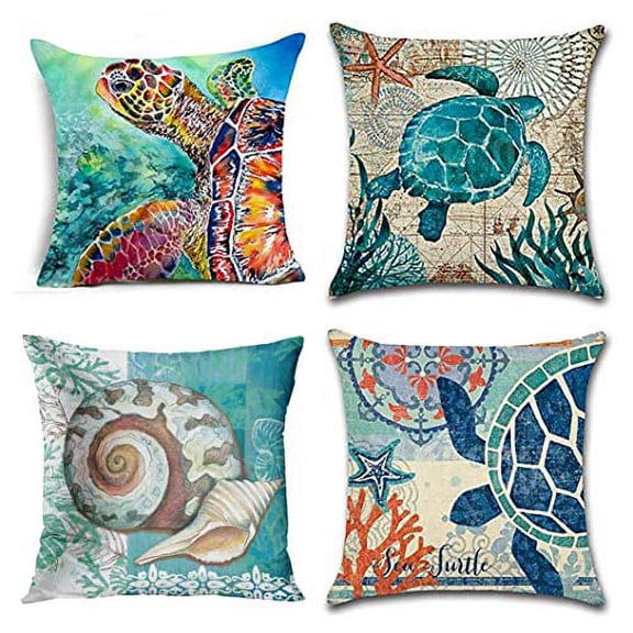 Jbralid Sea Turtle Watercolor Ocean Theme Mediterranean Style Patio Coastal Animal Cotton Linen Indoor Decor Throw Pillow Cover Case Set of 4, 16x16 in