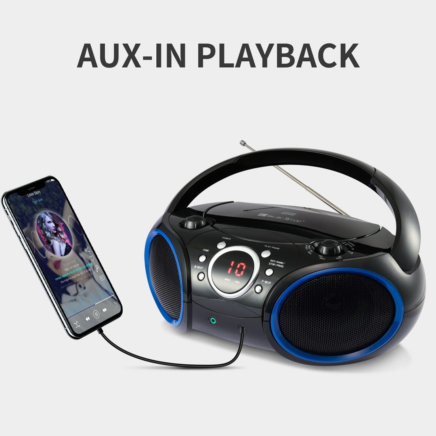 singing wood SBX030C Portable CD Boombox with AM FM Stereo, Aux Input, Headphone Jack, AC/Battery Powered, Blue