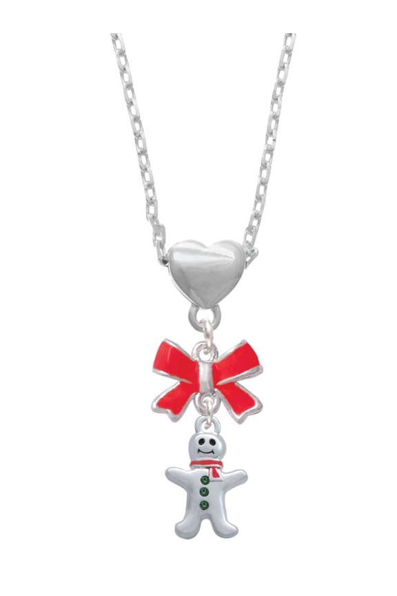Silvertone Gingerbread Man with Red Scarf Red Bow Heart Necklace