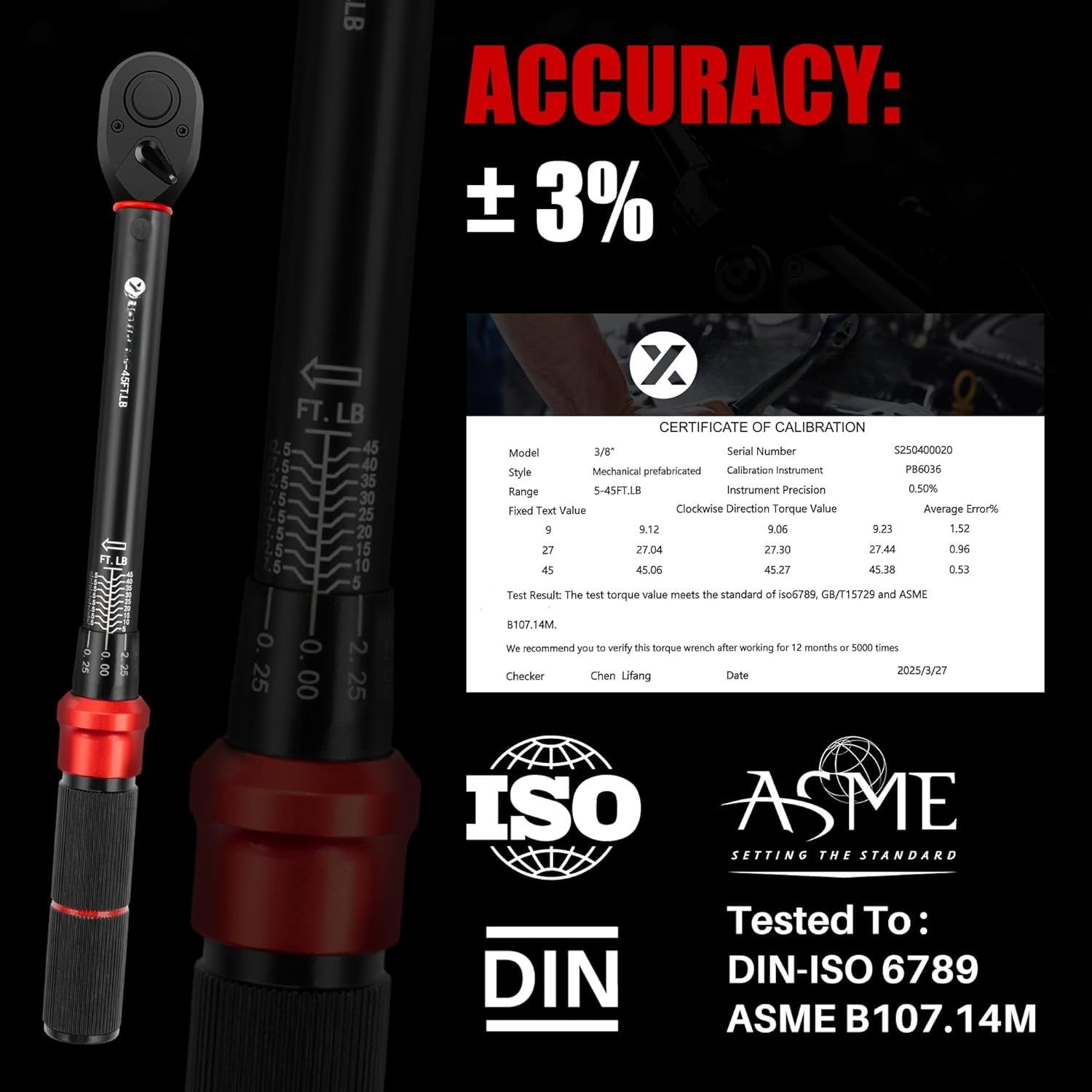 3/8-Inch Drive Click Torque Wrench - 5-45 Ft-Lb/6.8-61Nm, Dual-Direction Adjustable 72  Click Torque Wrench with Dual Range Scales, High 3% Precision for ,  and  Repair