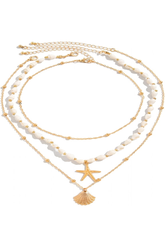 Seashell Necklace for Women Gold Layered Sea Shell Necklace Boho Summer Beach Necklaces for Women Adjustable Pearl Conch Starfish Necklaces Vacation Coastal Beachy Jewelry